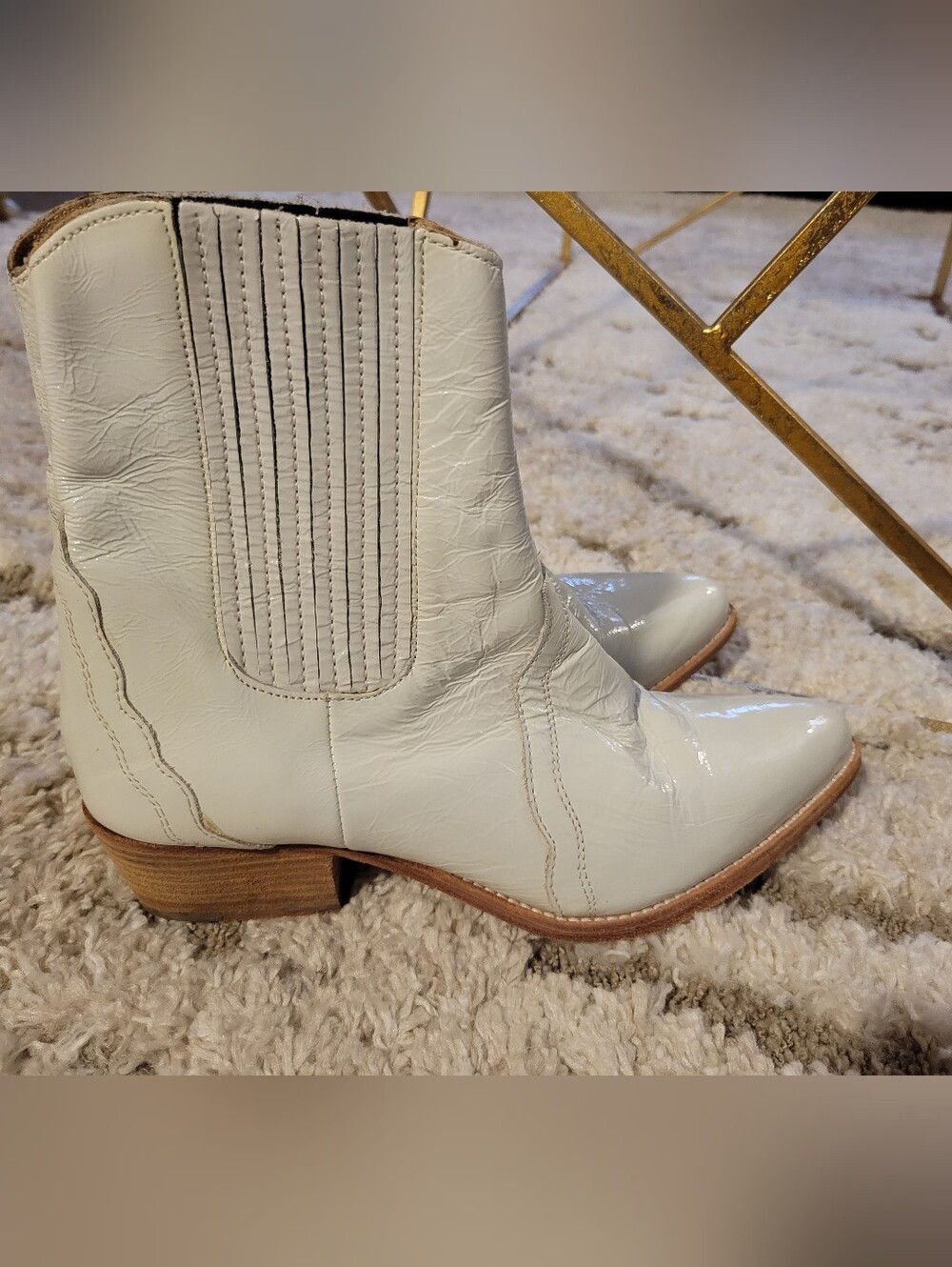 Free People White Patent Leather Western Ankle Boots Pointed Toe Stacked Heel